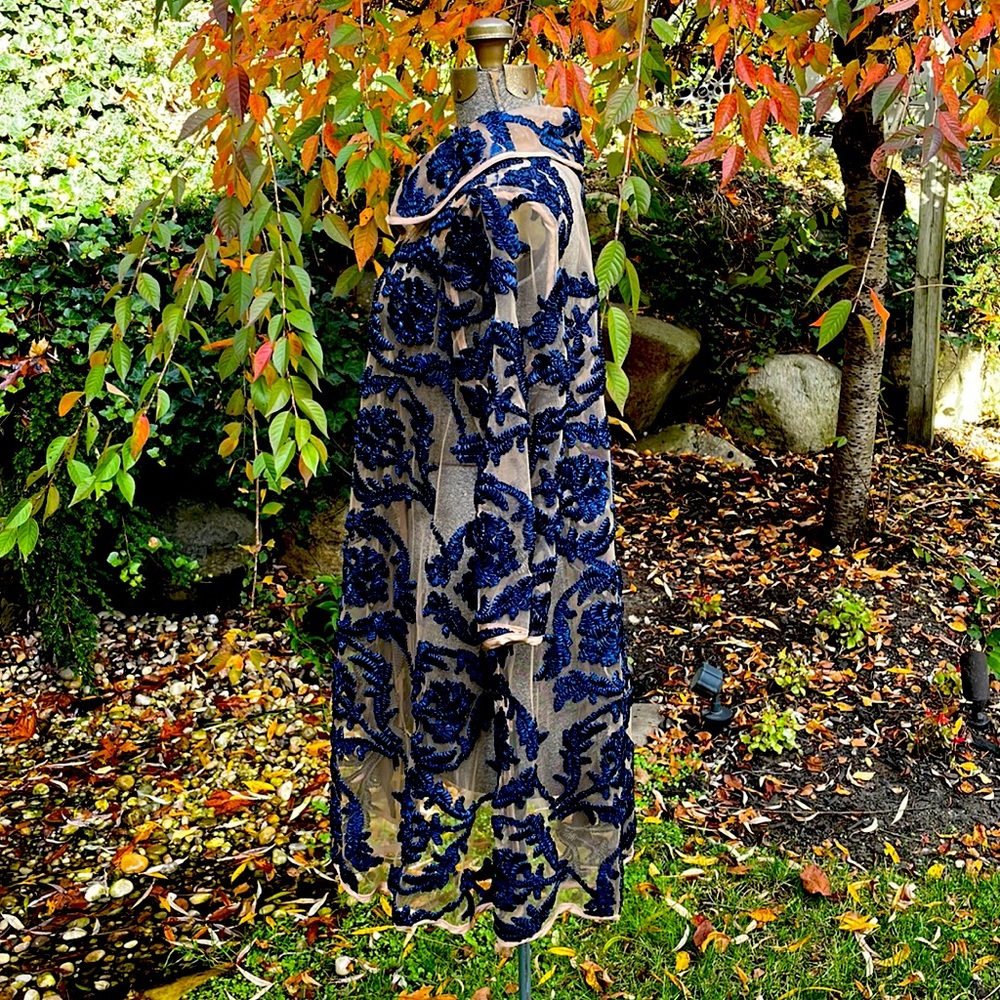 GRACIA SHEER & DARK BLUE EMBROIDERY 3/4 SLEEVE EVENING DUSTER - L - NWT !  💙🤎 - Picture 3 of 8